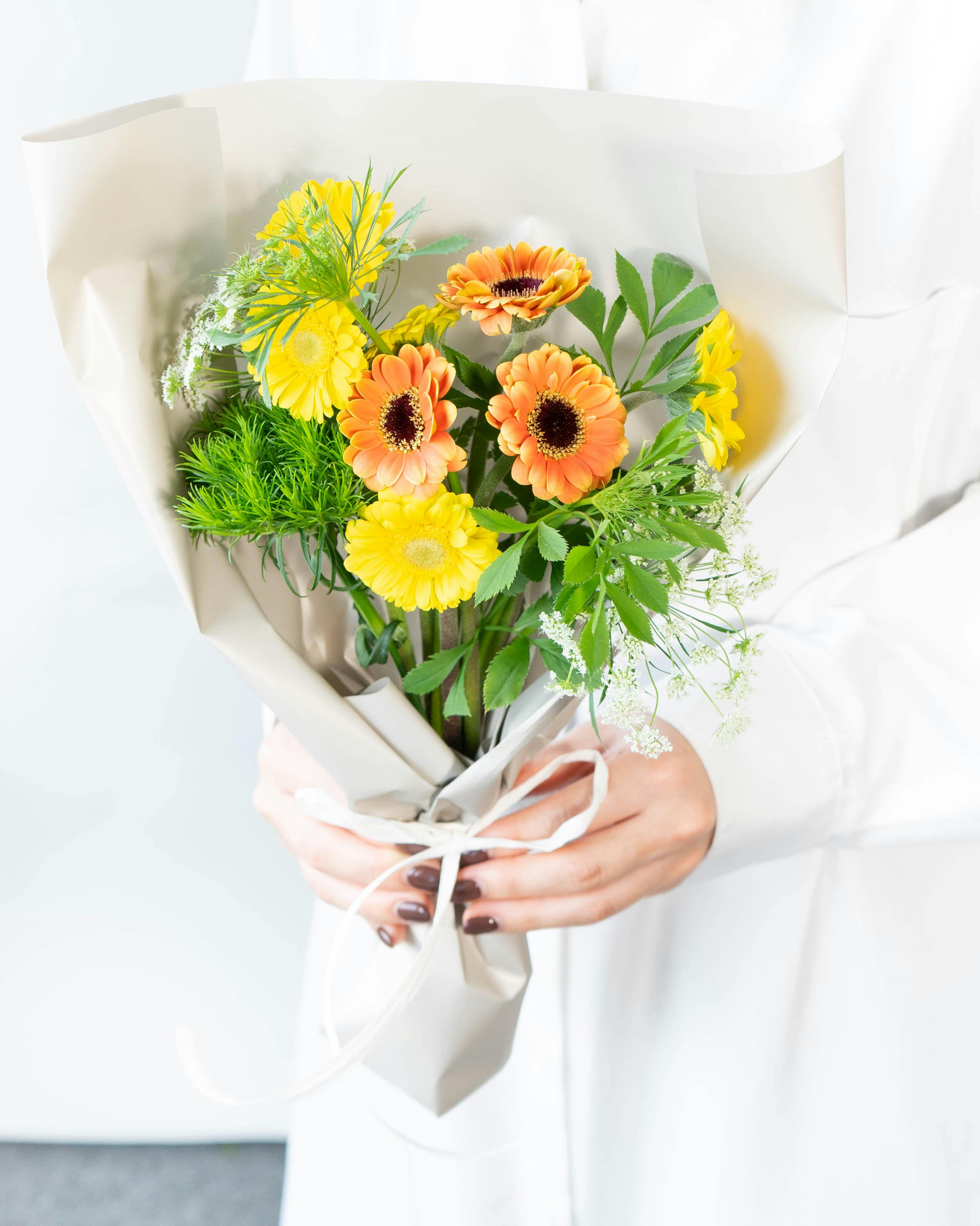 産地直送 ガーベラ花束 草花ミックス イエロー・オレンジ／千葉 金井