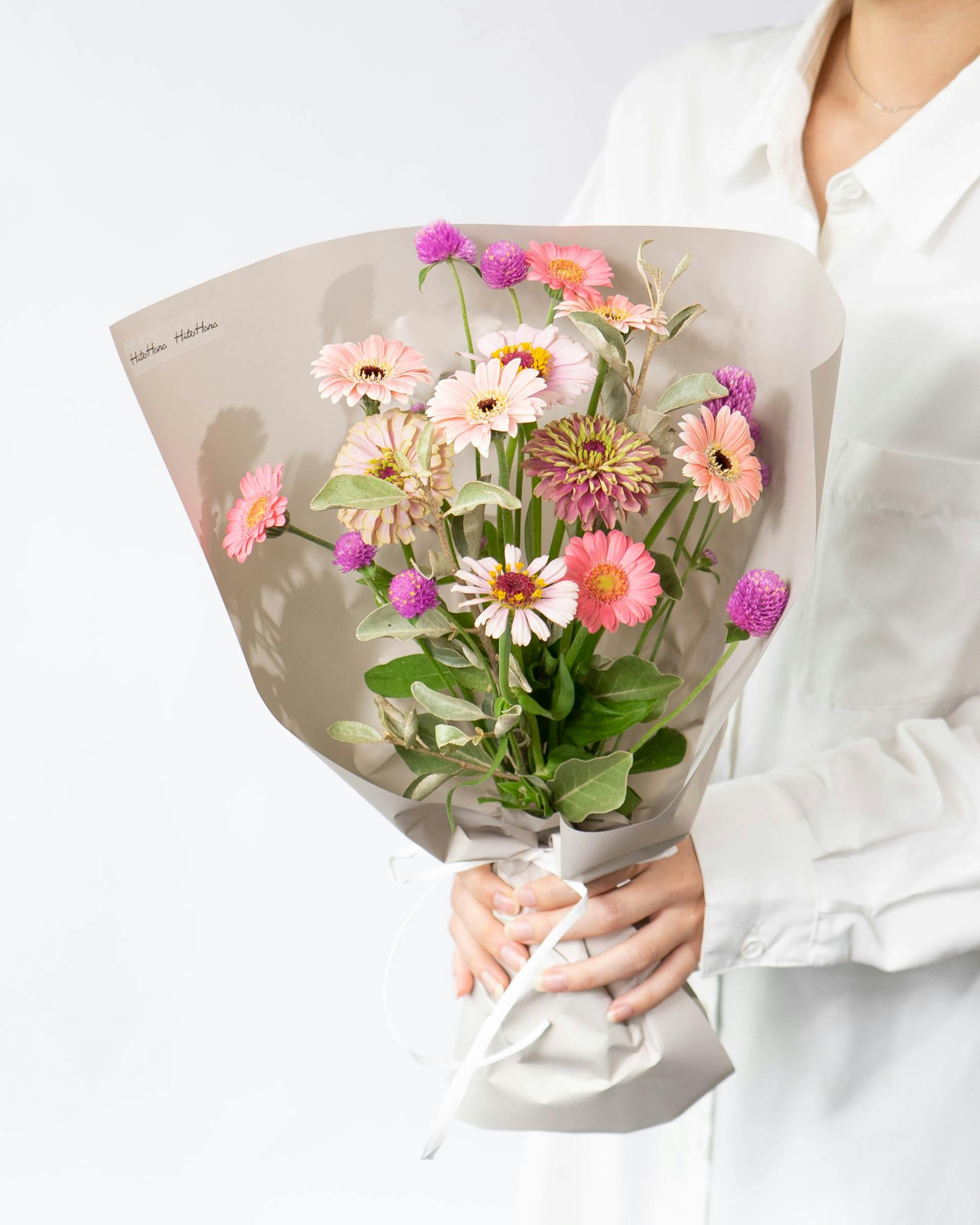 産地直送 ガーベラ・ジニア花束 ピンク ／千葉 金井園芸からお