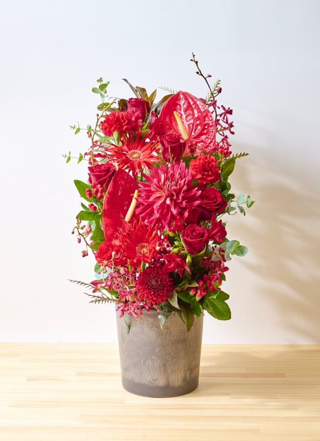 お祝い花 季節の豪華アレンジメント レッド系 16,500円 テーブル