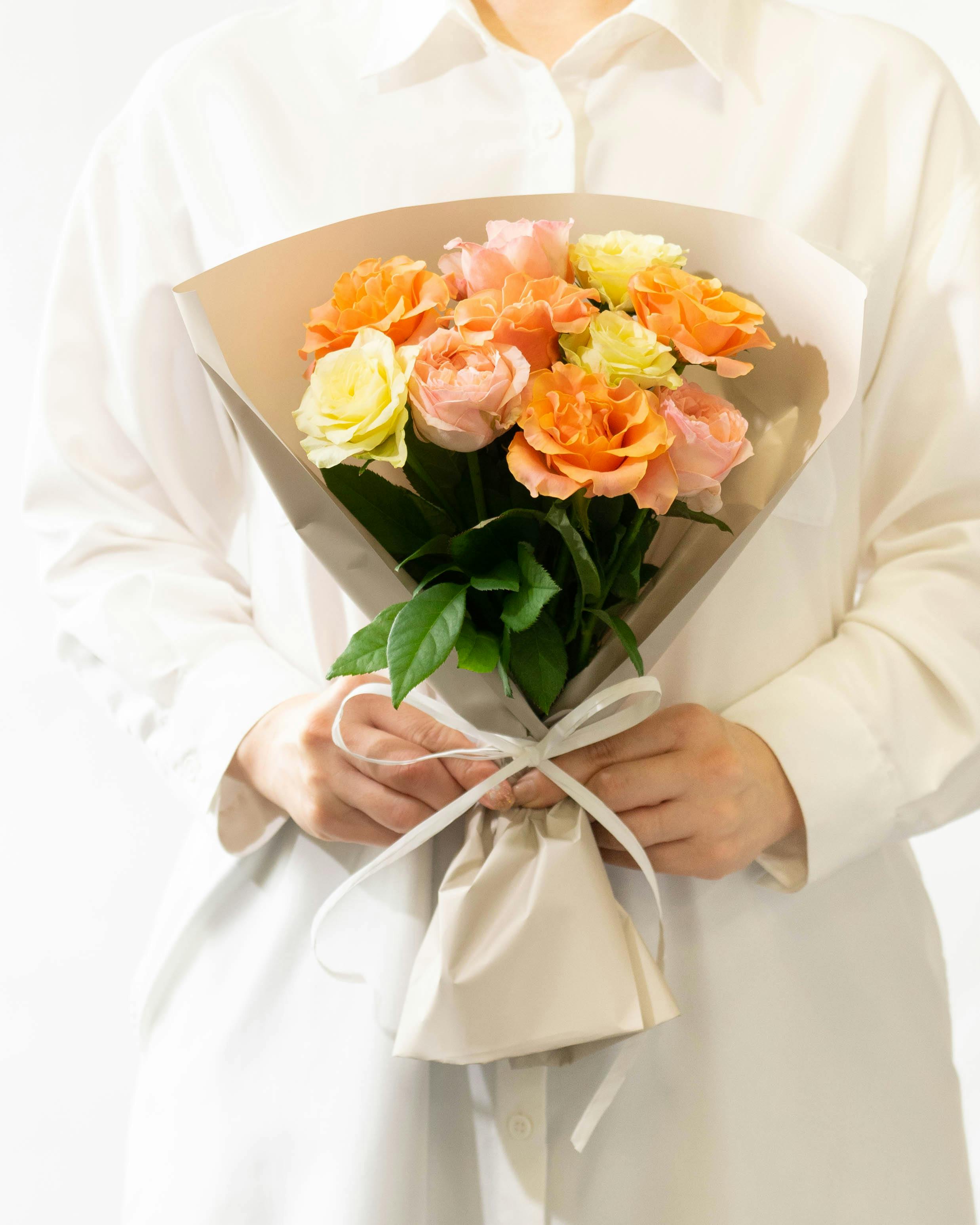 産地直送 バラ花束 オレンジ系ミックス（10本入り）／愛知 榊原薔薇園