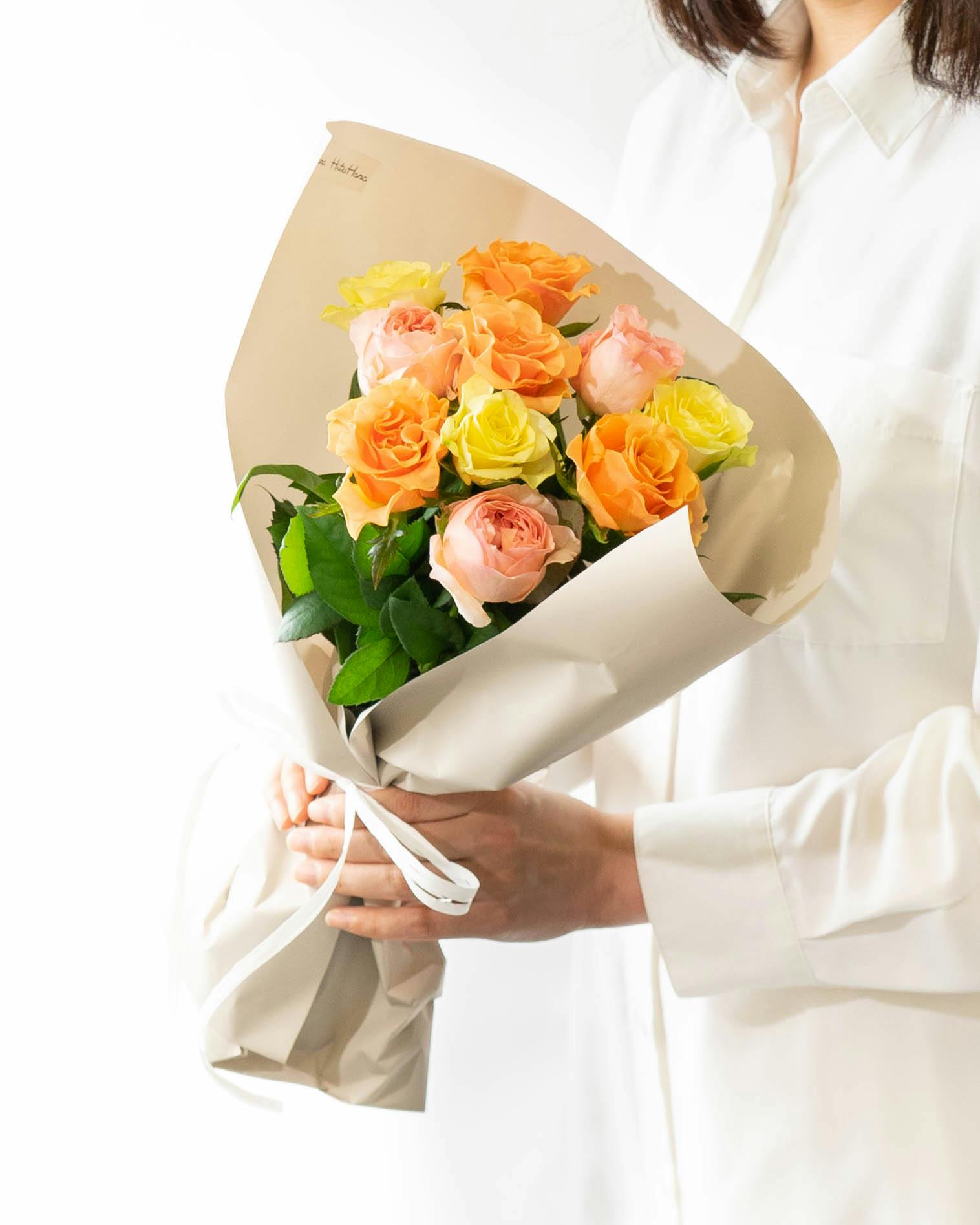 産地直送 バラ花束 オレンジ系ミックス（10本入り）／愛知 榊原薔薇園